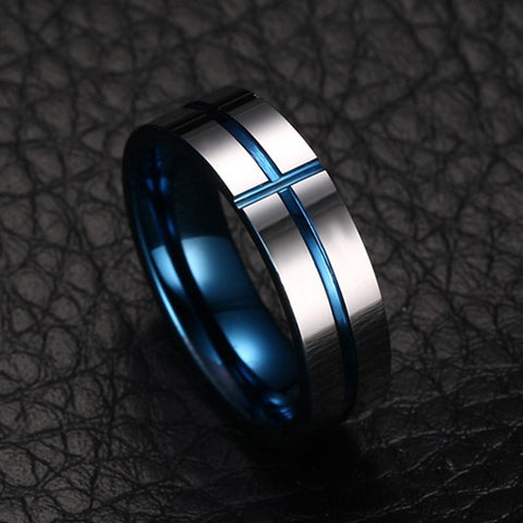 Image of Men's Tungsten Wedding Band with Blue Inlay | The Avenger Top View
