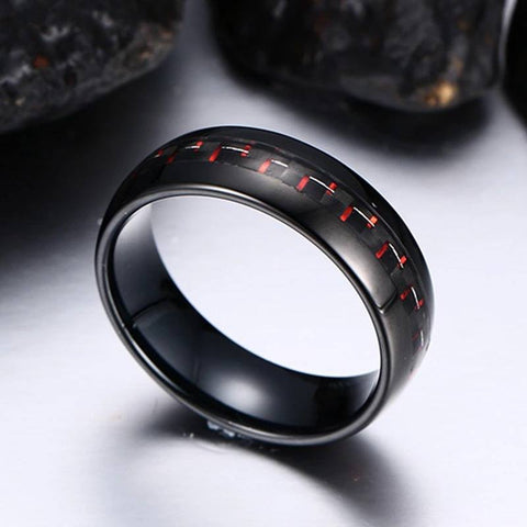 Image of Black Tungsten Men's Wedding Band with Red Carbon Fiber Inlay Sideview | The Commander 