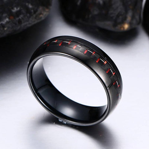 Image of Black Tungsten Men's Wedding Band with Red Carbon Fiber Inlay Sideview | The Commander