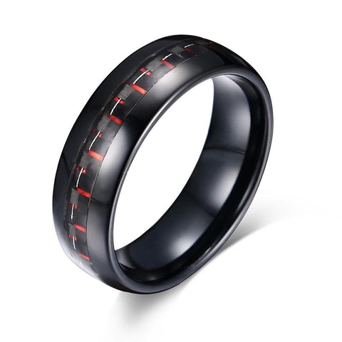 Image of Black Tungsten Men's Wedding Band with Red Carbon Fiber Inlay Main Image | The Commander 