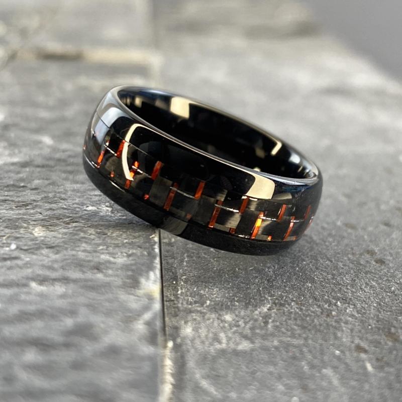 Black Tungsten Men's Wedding Band with Red Carbon Fiber Inlay On Slate | The Commander