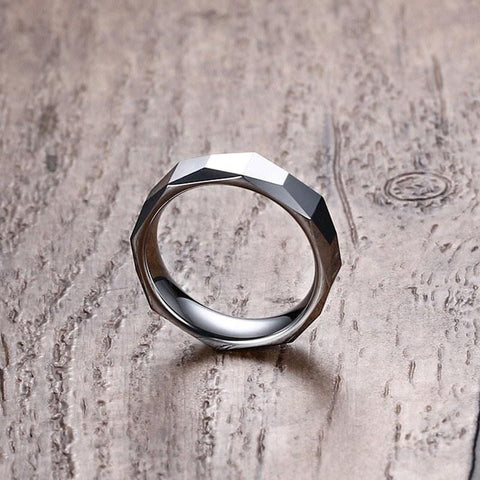Image of Tungsten Men's Wedding Band with Geometric Design With Wood Background | The Flywheel