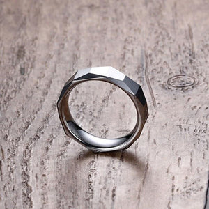 Tungsten Men's Wedding Band with Geometric Design With Wood Background | The Flywheel