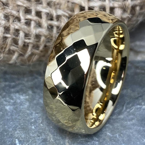 Image of Gold Tungsten Men's Wedding Band with a Geometric Design Close Up | The Gandalf