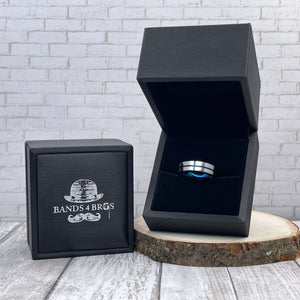 Men's Tungsten Wedding Band displayed in a black Bands 4 Bros ring box | The Avenger
