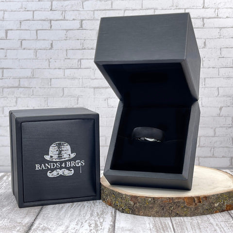 Image of Black Tungsten Men's Wedding Band with Matte Brushed Finish and Domed Design in a black Bands 4 Bros ring box  | The Continental
