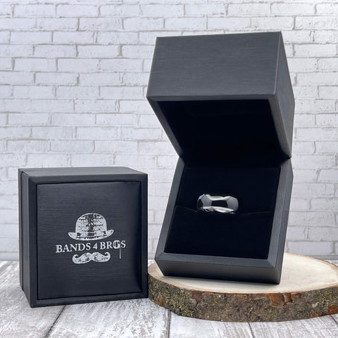 Image of Black Men's Tungsten Wedding Band displayed in a black Bands 4 Bros ring box | The Black Pearl