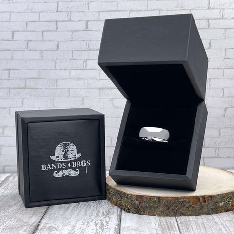 Image of Tungsten Men's Wedding Band with a Domed Design in Silver in a Black Bands 4 Bros Ring Box | The Genesis