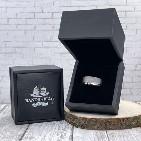 Image of Men's Tungsten Wedding Band displayed in a black Bands 4 Bros ring box | The Athos