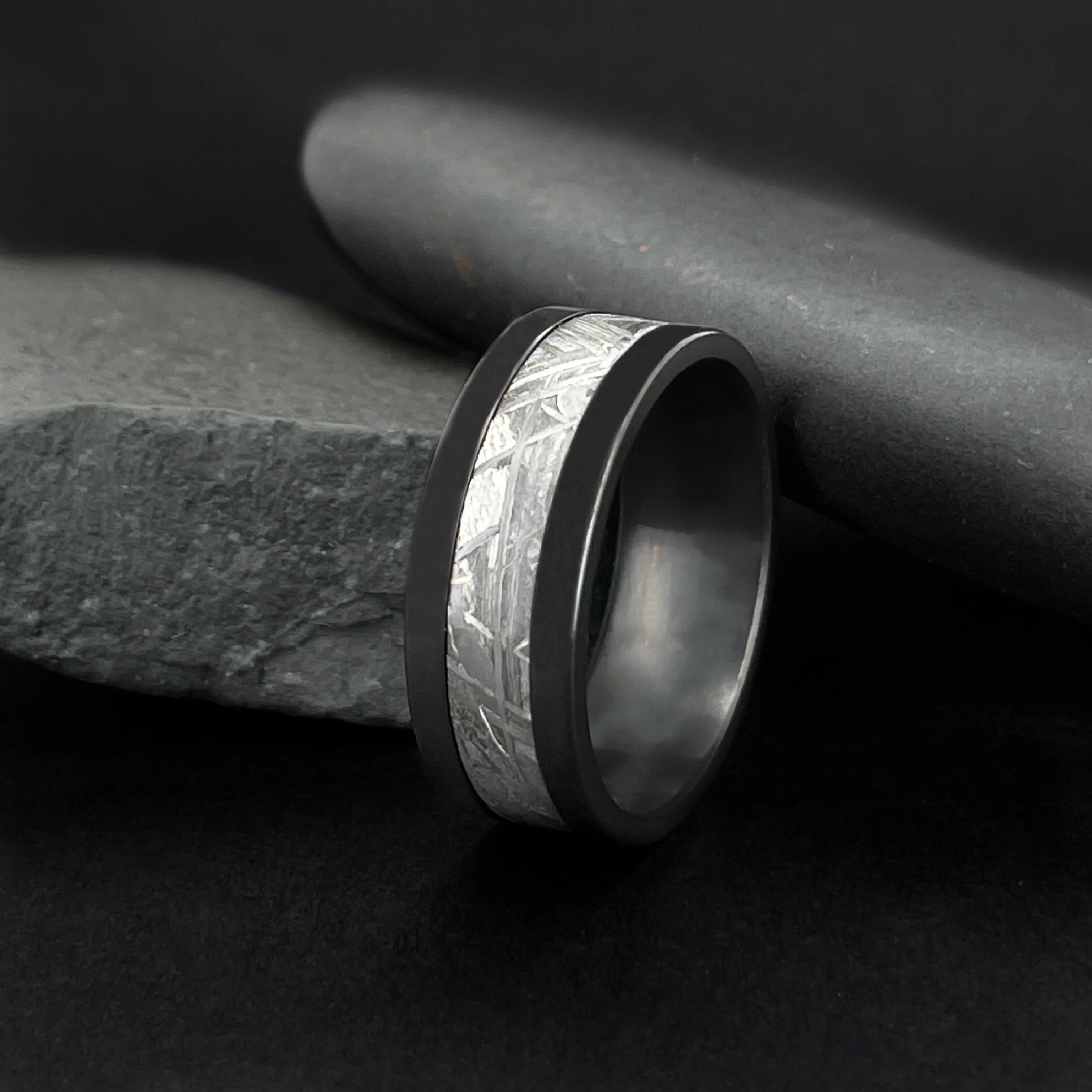 Black Zirconium Men's Wedding Band With Meteorite Inlay Close Up | The Draco