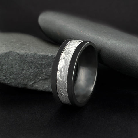 Image of Black Zirconium Men's Wedding Band With Meteorite Inlay Close Up | The Draco