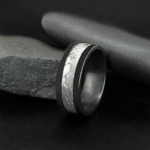 Black Zirconium Men's Wedding Band With Meteorite Inlay Close Up | The Draco 