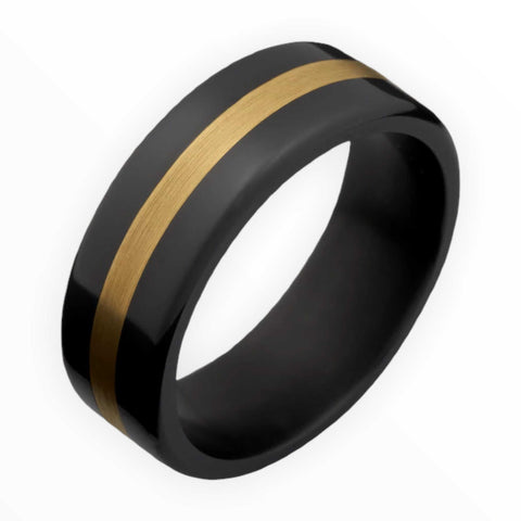 Image of Black Zirconium Men's Wedding Band with 14K Gold Inlay and High Polish Finish | The Gamma