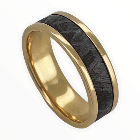 Image of 14 Karat Yellow Gold Men's Wedding Band With Meteorite Inlay Angled View | The Aries