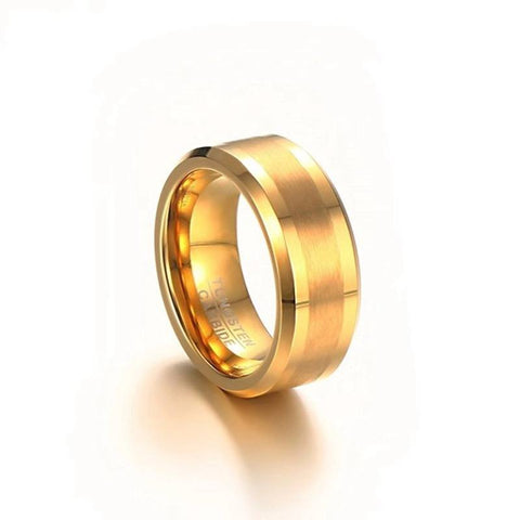 Image of Gold Men's Tungsten Wedding Band with Beveled Edging From The Side | The Arthur