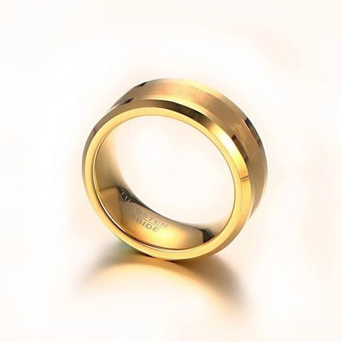 Image of Side View of Gold Men's Tungsten Wedding Band with Beveled Edging | The Arthur