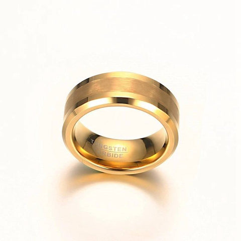 Image of Top View of Gold Men's Tungsten Wedding Band with Beveled Edging | The Arthur