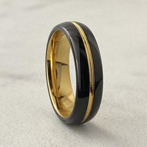 Image of Black Men's Tungsten Wedding Band with Gold Inlay | The Bond Close up