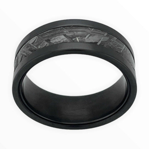 Image of Black Zirconium Men's Wedding Band With Meteorite Inlay Top View | The Draco