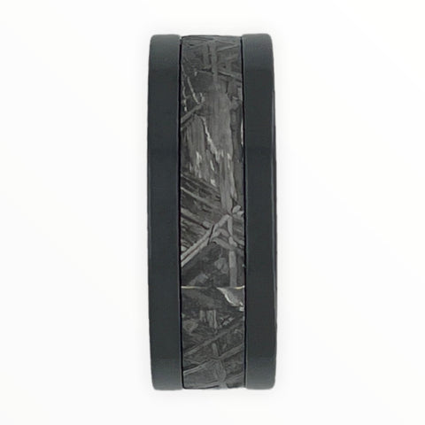 Image of Black Zirconium Men's Wedding Band With Meteorite Inlay Front Vie | The Draco