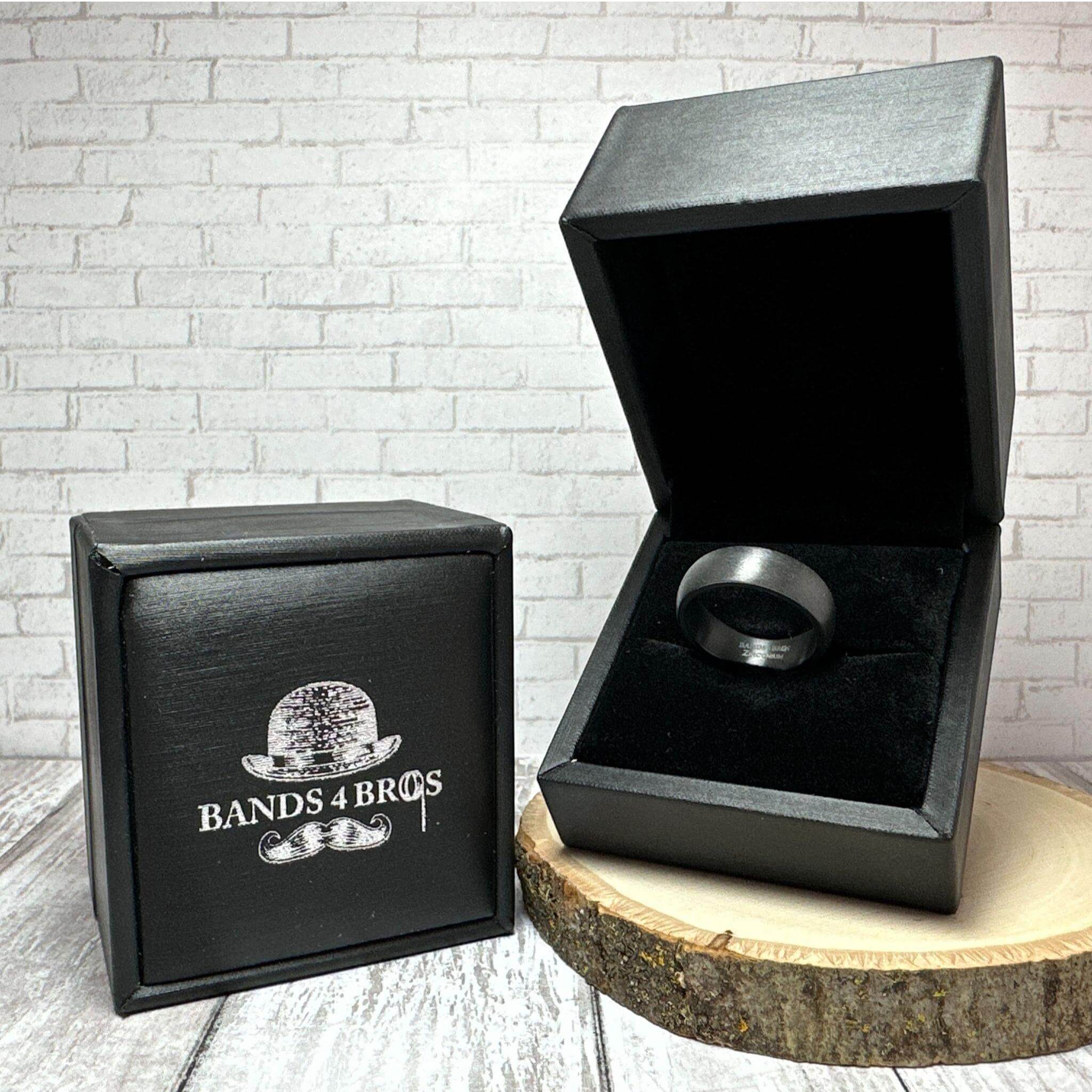 Black Zirconium Men's Wedding Band with Dome Design in a Black Bands 4 Bros Ring Box | The Electron