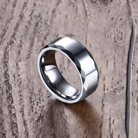 Image of Tungsten Men's Wedding Band with a Geometric Design and High Gloss Finish | The Hammer