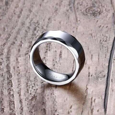 Image of Tungsten Men's Wedding Band with a Geometric Design and High Gloss Finish Front View | The Hammer
