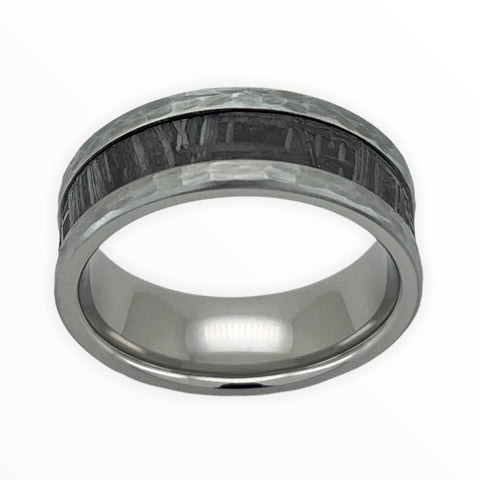 Image of Cobalt Men's Wedding Band With Meteorite Inlay and Hammer Finish Top View  | The Leo
