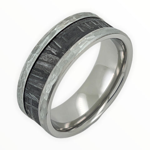 Image of Cobalt Men's Wedding Band With Meteorite Inlay and Hammer Finish Main Image  | The Leo