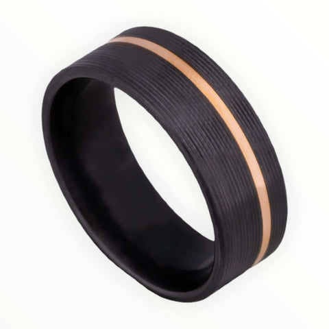 Image of Black Zirconium Men's Wedding Band with 14K Rose Gold Inlay and Machine Finish | The Fusion