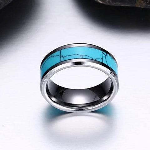 Image of Tungsten Men's Wedding Band with Turquoise Inlay and Beveled Edges Side View | The Trailblazer