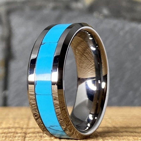 Image of Tungsten Men's Wedding Band with Turquoise Inlay and Beveled Edges Close Up | The Trailblazer