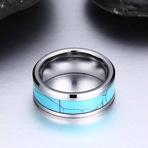 Tungsten Men's Wedding Band with Turquoise Inlay and Beveled Edges Laying Flat | The Trailblazer