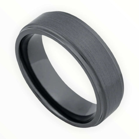 Image of Black Zirconium Men's Wedding Band With Stepped Edges Angled View | The Geiger