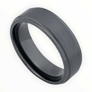 Black Zirconium Men's Wedding Band With Stepped Edges Angled View | The Geiger