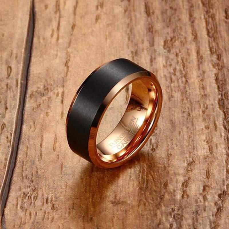 Rose Gold Men's Tungsten Wedding Band with Beveled Edging | The Adonis