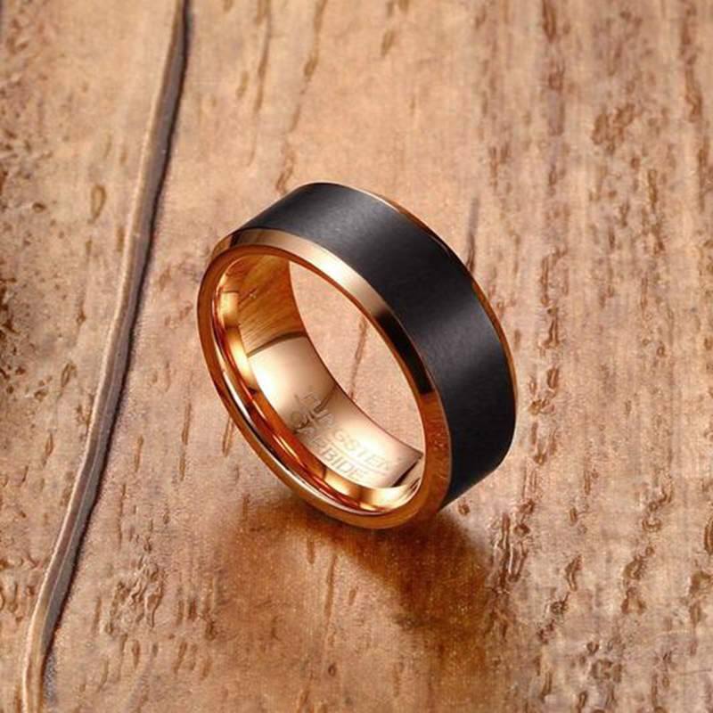 Rose Gold Men's Tungsten Wedding Band with Beveled Edging | The Adonis