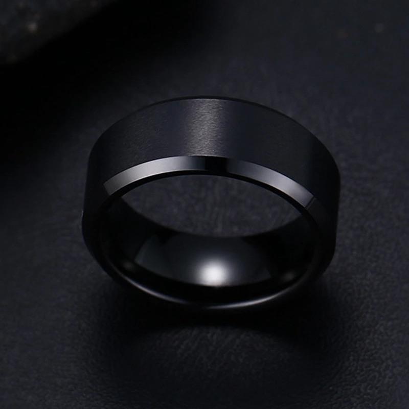 Black Men's Tungsten Wedding Band with Beveled Edging | The Aramis
