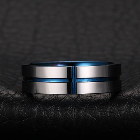 Image of Men's Tungsten Wedding Band with Blue Inlay | The Avenger Close up