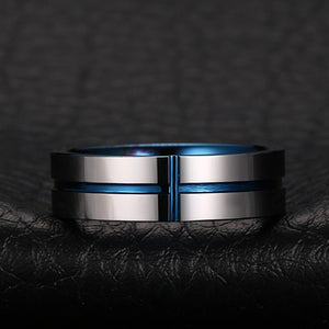 Men's Tungsten Wedding Band with Blue Inlay | The Avenger Close up