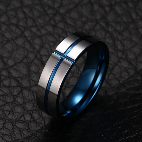 Image of Men's Tungsten Wedding Band with Blue Inlay | The Avenger Secondary View