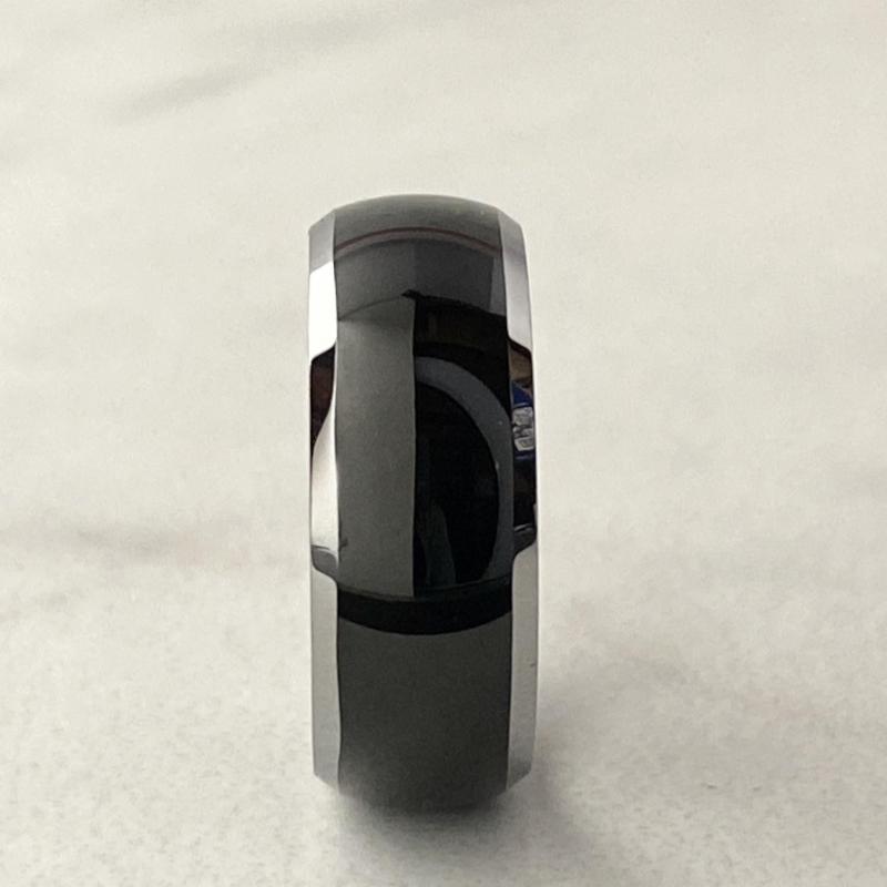 Black Men's Tungsten Wedding Band with Silver Edging Close up | The Black Pearl