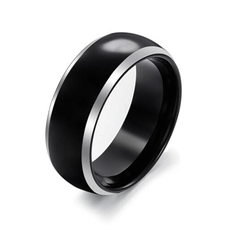 Black Tungsten Men s Wedding Band Gloss Silver Edging 8mm Comfort Fit Engagement Ring The Black Pearl Free Engraving Bands 4 Bros