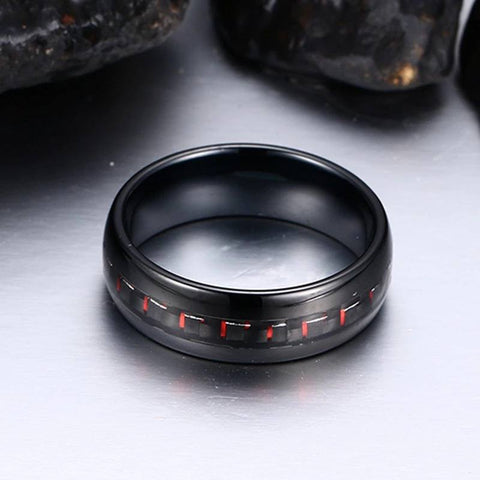 Image of Black Tungsten Men's Wedding Band with Red Carbon Fiber Inlay On Its Side | The Commander 