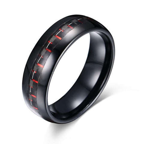 Image of Black Tungsten Men's Wedding Band with Red Carbon Fiber Inlay | The Commander 