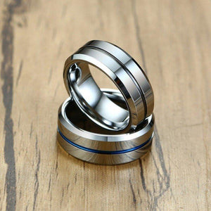 Two Men's Wedding Bands Stacked With Black Inlay and Blue Inlay | The Diplomat