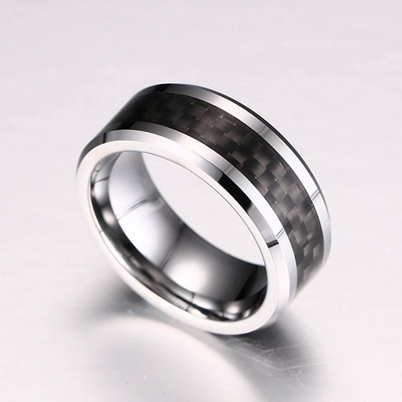 Tungsten Men's Wedding Band with Black Carbon Fiber Inlay and Beveled Edges at an Angle | The Executive
