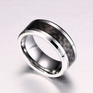 Tungsten Men's Wedding Band with Black Carbon Fiber Inlay and Beveled Edges at an Angle | The Executive