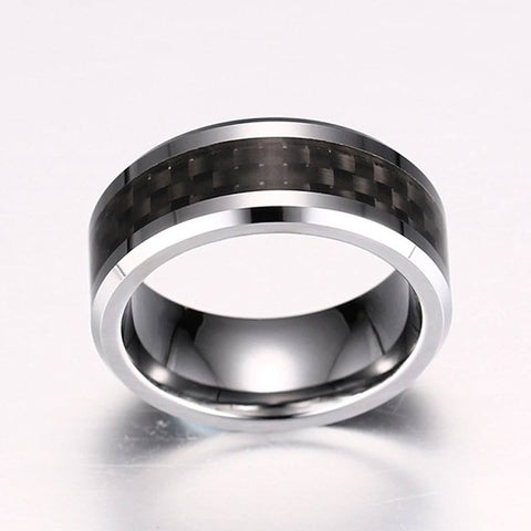 Image of Tungsten Men's Wedding Band with Black Carbon Fiber Inlay and Beveled Edges Secondary Image | The Executive