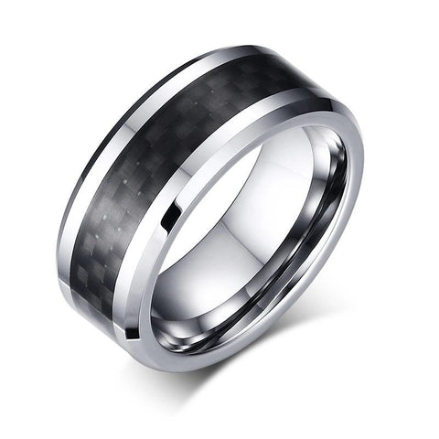 Image of Tungsten Men's Wedding Band with Black Carbon Fiber Inlay and Beveled Edges | The Executive